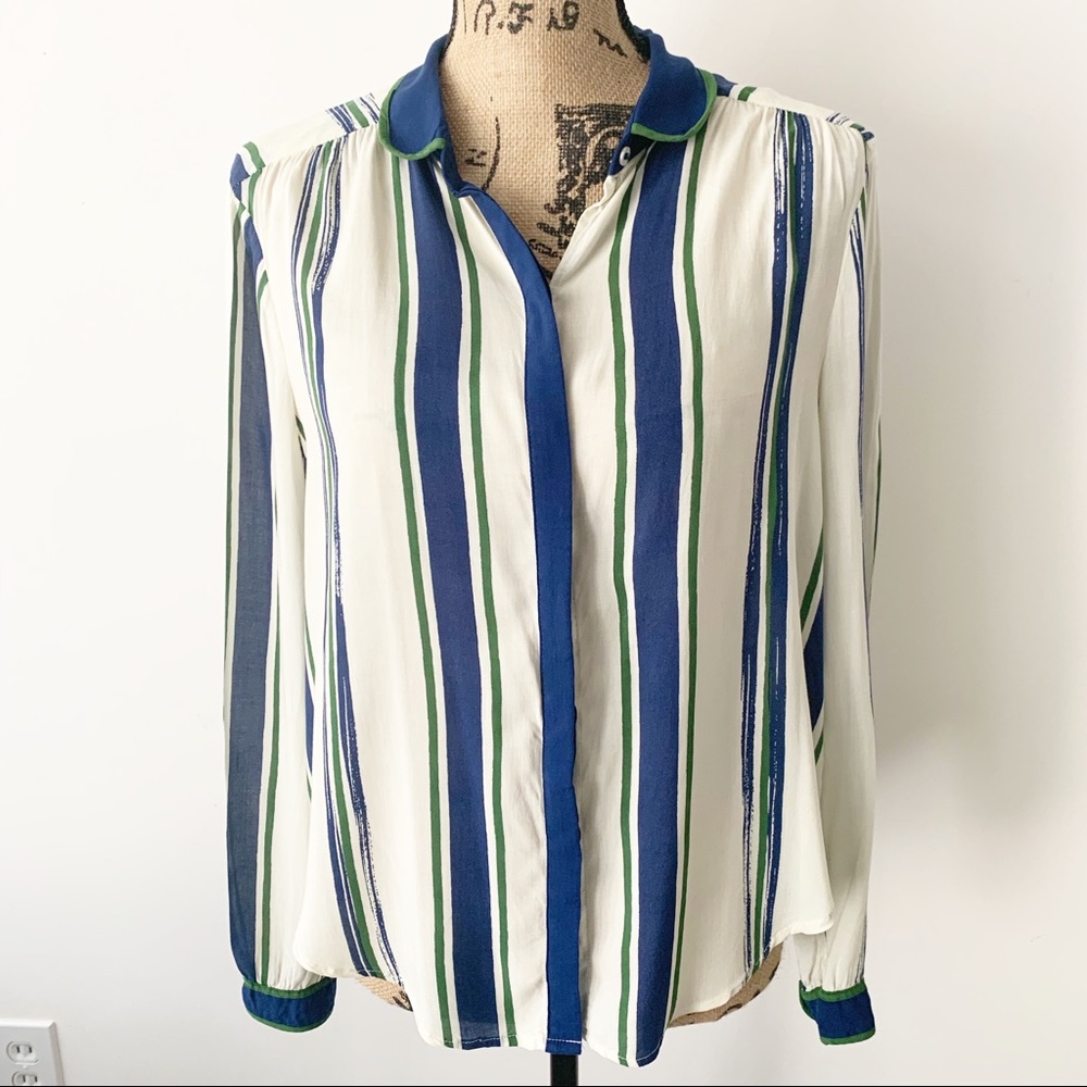 Maeve Anthro Blue Green Beige Striped Blouse Sz 8